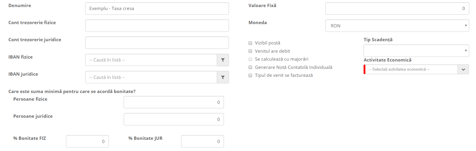 Formularul unui tip de venit, taxă creșă